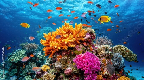 Serene Coral Reef: A Colorful Underwater Wonderland with Fish and Marine Life Patterns in Turquoise Waters