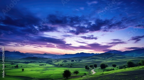 indigo green valley colorful sky