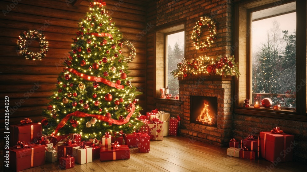 Cozy Christmas Scene with Tree and Fireplace Cozy Christmas Scene with Tree and Fireplace