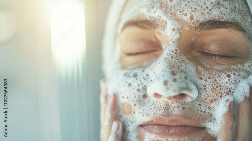 Naklejka premium A woman enjoys a refreshing foam cleanse in a well-lit bathroom, taking care of her skin as part of her daily routine