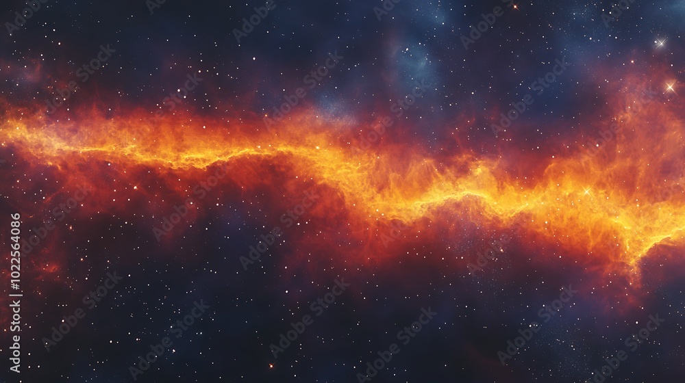 Fototapeta premium Colorful illustration of endless galaxy space with blazing fire form of light over the space background, starry space with nebulas and astronomical landscape fantasy view