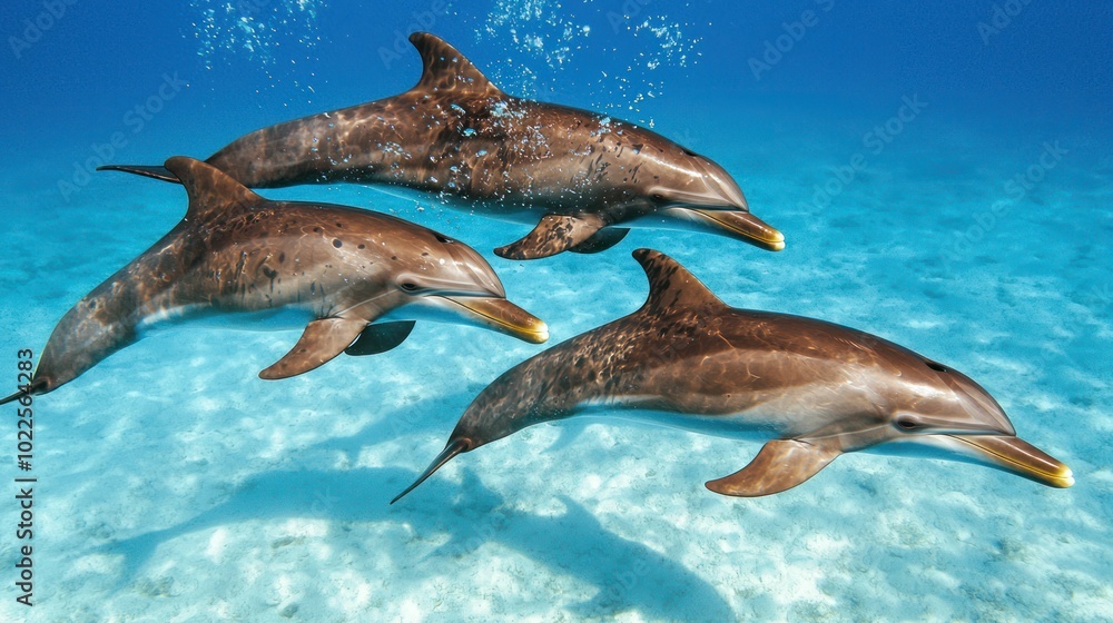Fototapeta premium Graceful Pod of Dolphins Swimming in Formation in Clear Ocean Waters