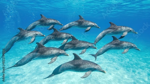 Majestic Dolphins Swimming in Formation - Aerial View of Graceful Marine Mammals in the Ocean