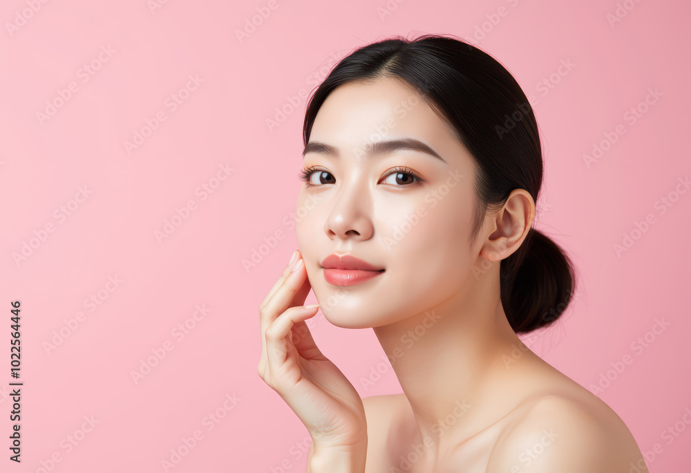 Portrait of a young woman with smooth skin on a pink background. Portrait of a young woman with smooth skin on a pink background.