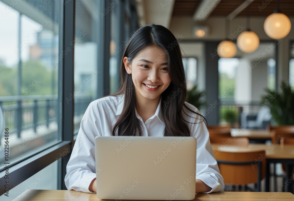 Smiling woman working on laptop in a modern cafe environment. Smiling woman working on laptop in a modern cafe environment.