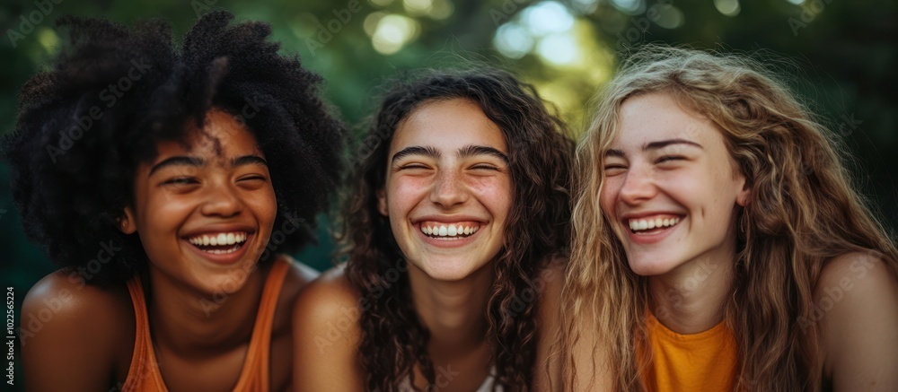 Obraz premium Three young women laughing together outdoors.