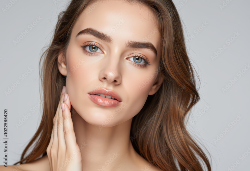 Young woman with natural beauty, touching her face against a plain background. Young woman with natural beauty, touching her face against a plain background.