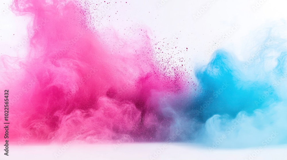 Vibrant clouds of pink and blue powder creating a dynamic, artistic explosion. Vibrant clouds of pink and blue powder creating a dynamic, artistic explosion.