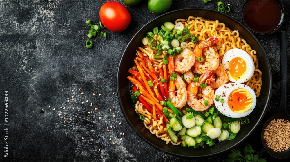 Colorful Shrimp Ramen Bowl with Vegetables and Eggs Colorful Shrimp Ramen Bowl with Vegetables and Eggs