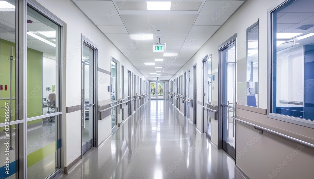 A modern hospital corridor featuring glass doors and bright lighting, designed for patient care and accessibility. A modern hospital corridor featuring glass doors and bright lighting, designed for patient care and accessibility.