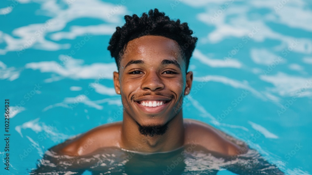 A joyful swimmer relaxes in the inviting water of an outdoor pool under bright sunlight A joyful swimmer relaxes in the inviting water of an outdoor pool under bright sunlight
