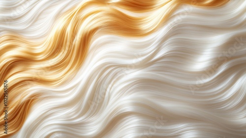 An array of white and gold hair extensions, styled in wave-like patterns, creating a dynamic, eye-catching backdrop on a retail surface