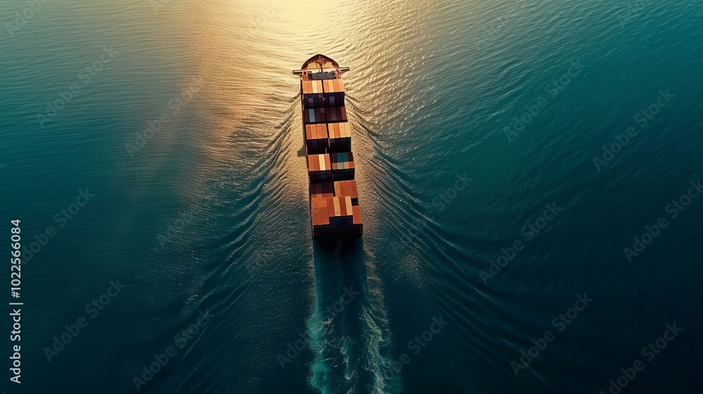 Aerial view of a massive cargo container ship sailing through open sea on a clear day Aerial view of a massive cargo container ship sailing through open sea on a clear day