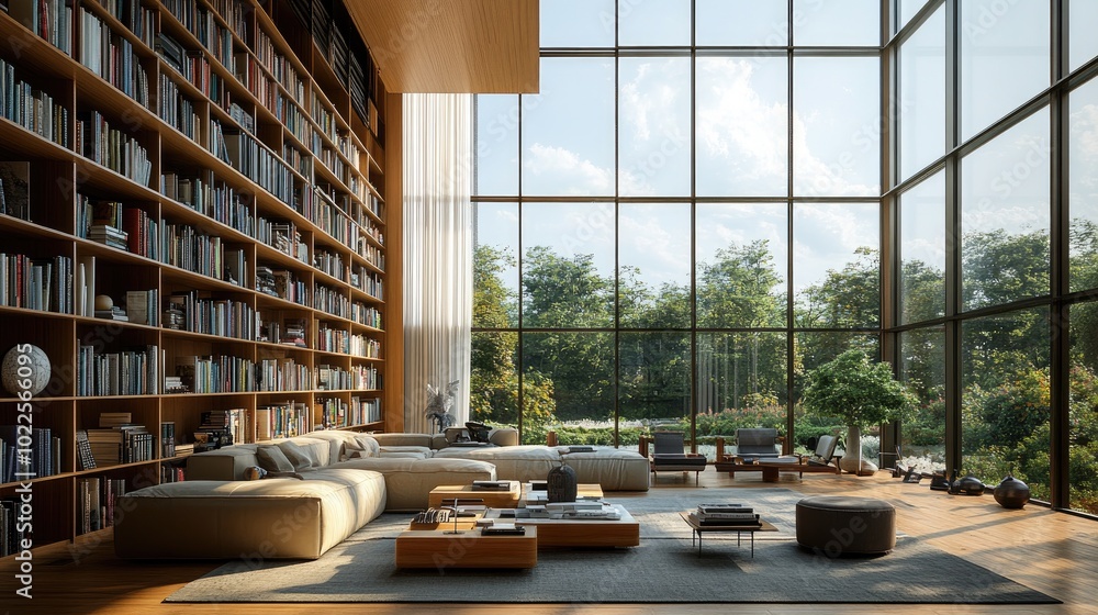 Fototapeta premium Modern Home Living Room with a Large Bookshelf