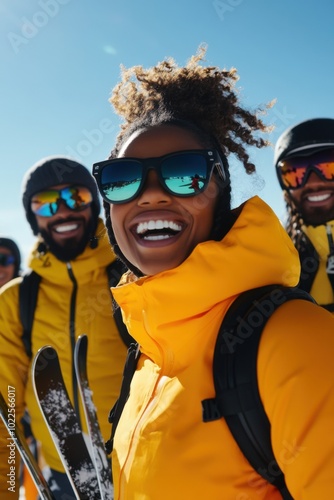 Group of skiers with bright smiles on sunny mountain day