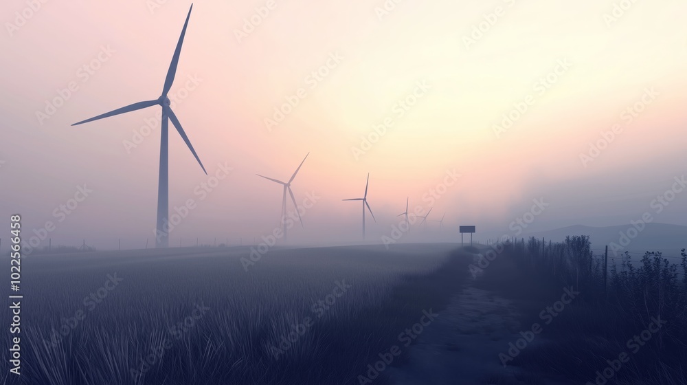 Modern Wind Turbines in Foggy Morning Light Modern Wind Turbines in Foggy Morning Light