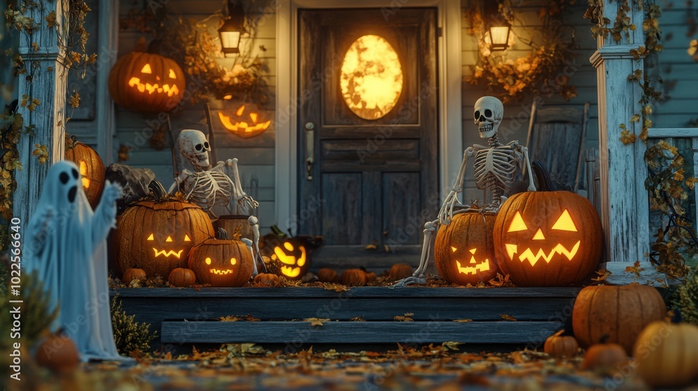 Obraz premium A porch decorated with pumpkins, skeletons, and ghosts for Halloween night.