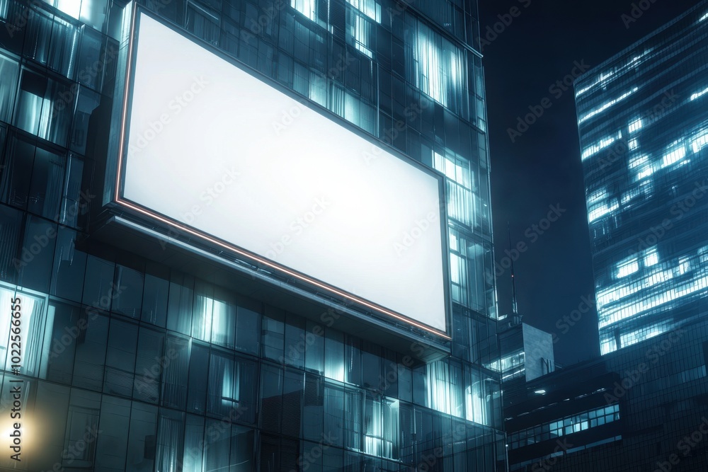 A large, blank billboard is mounted on a modern glass building, illuminated by city lights at night. A large, blank billboard is mounted on a modern glass building, illuminated by city lights at night.