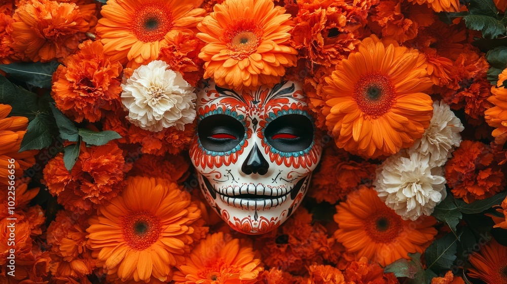 A sugar skull mask surrounded by orange and white flowers, a traditional symbol of Day of the Dead. A sugar skull mask surrounded by orange and white flowers, a traditional symbol of Day of the Dead.
