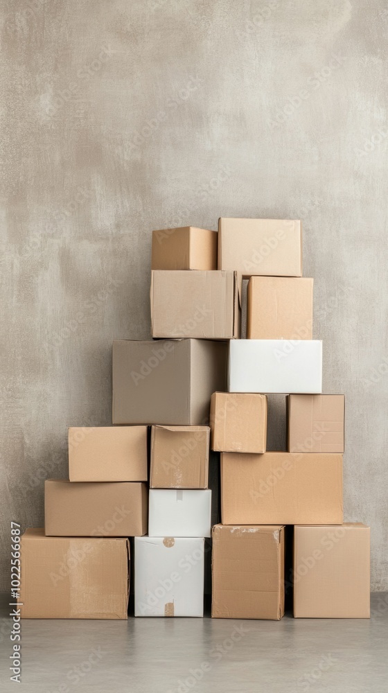 A collection of stacked cardboard and white boxes arranged in an orderly manner against a gray backdrop, creating a clean aesthetic A collection of stacked cardboard and white boxes arranged in an orderly manner against a gray backdrop, creating a clean aesthetic