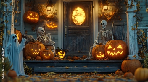 A porch decorated with pumpkins, skeletons, and ghosts for Halloween night.