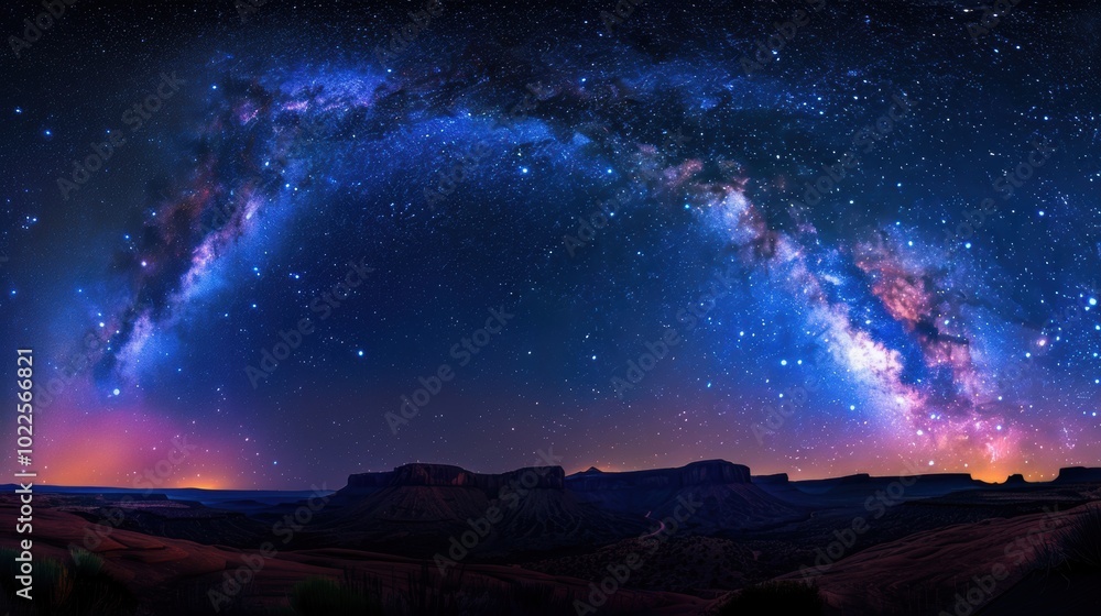 Fototapeta premium The Milky Way galaxy shines brightly over a vast desert, filled with stars and cosmic colors, showcasing the wonders of the universe