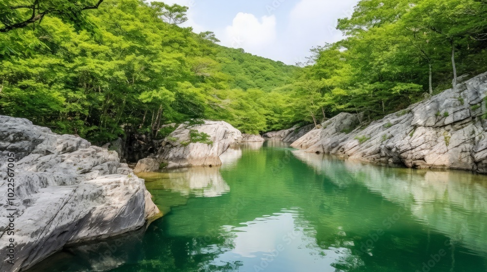 Tranquil green water flows through a narrow, rocky canyon, surrounded by lush greenery. Tranquil green water flows through a narrow, rocky canyon, surrounded by lush greenery.