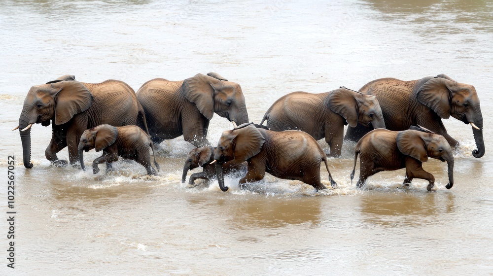 Majestic Elephant Herd Crossing River with Calves, Aerial Drone View of Wildlife, Nature Safari Adventure Concept Majestic Elephant Herd Crossing River with Calves, Aerial Drone View of Wildlife, Nature Safari Adventure Concept