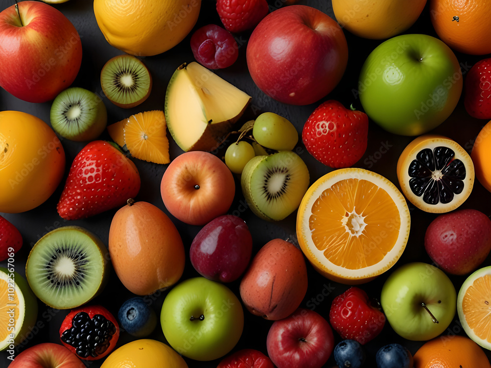 Collection of mixed-fruits with Black Background overhead view flat lay Collection of mixed-fruits with Black Background overhead view flat lay