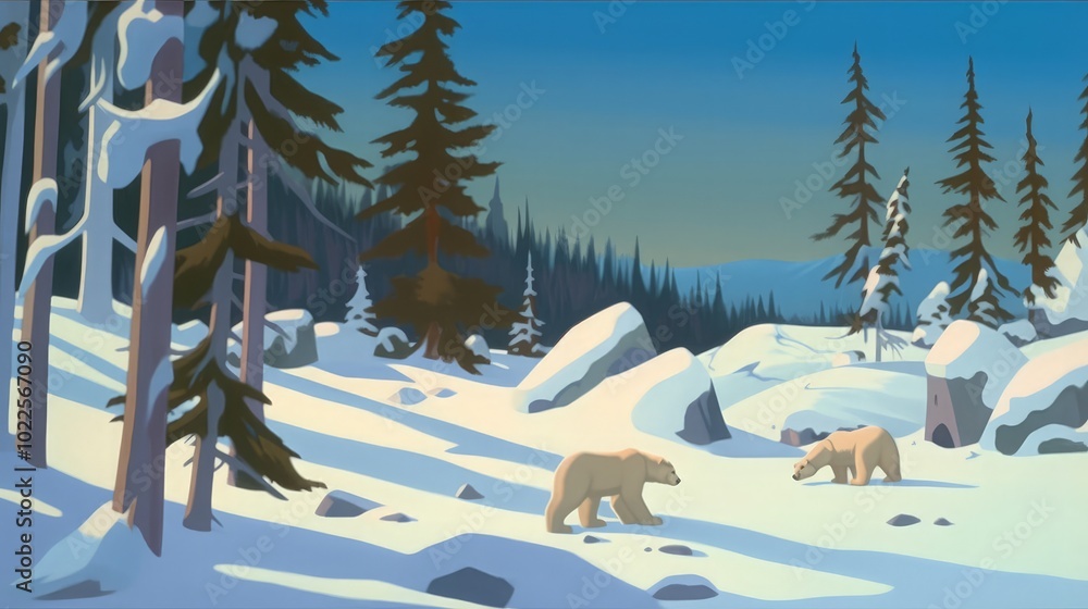 Two polar bears walking in a snowy forest with tall trees and rocks. Two polar bears walking in a snowy forest with tall trees and rocks.