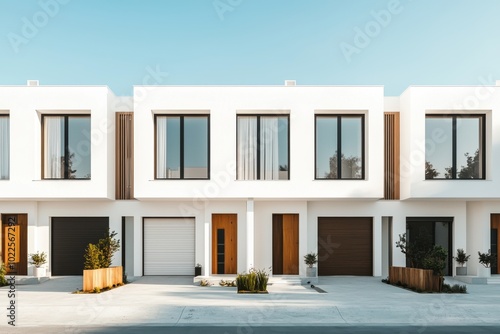 A modern row of minimalist houses featuring large windows and wooden accents, showcasing contemporary architectural design.