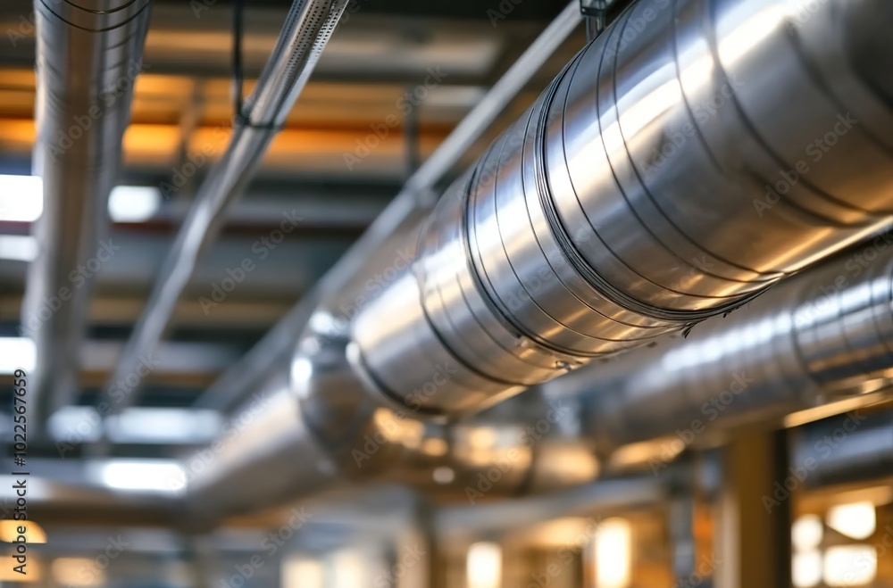 Close-up of stainless steel ductwork in an industrial setting Close-up of stainless steel ductwork in an industrial setting