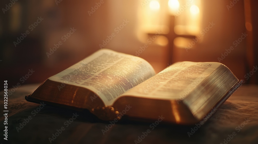 An open Bible resting on a cross, with its pages catching the light, and a softly blurred background, enhancing its spiritual depth An open Bible resting on a cross, with its pages catching the light, and a softly blurred background, enhancing its spiritual depth