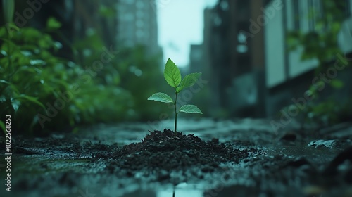 Fototapeta Naklejka Na Ścianę i Meble -  Little green sprout with background of streets, soil under the plant rural background, concept of growth and new beginning