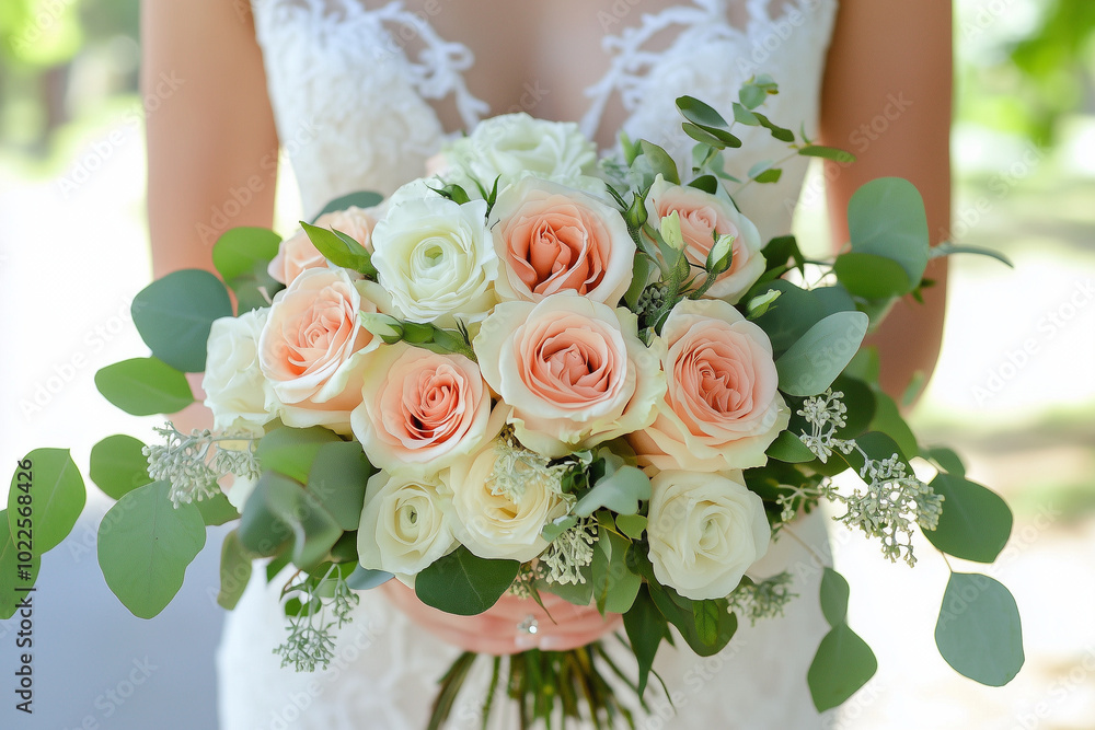 Bride holding pastel peach and white rose bouquet in daylight Bride holding pastel peach and white rose bouquet in daylight