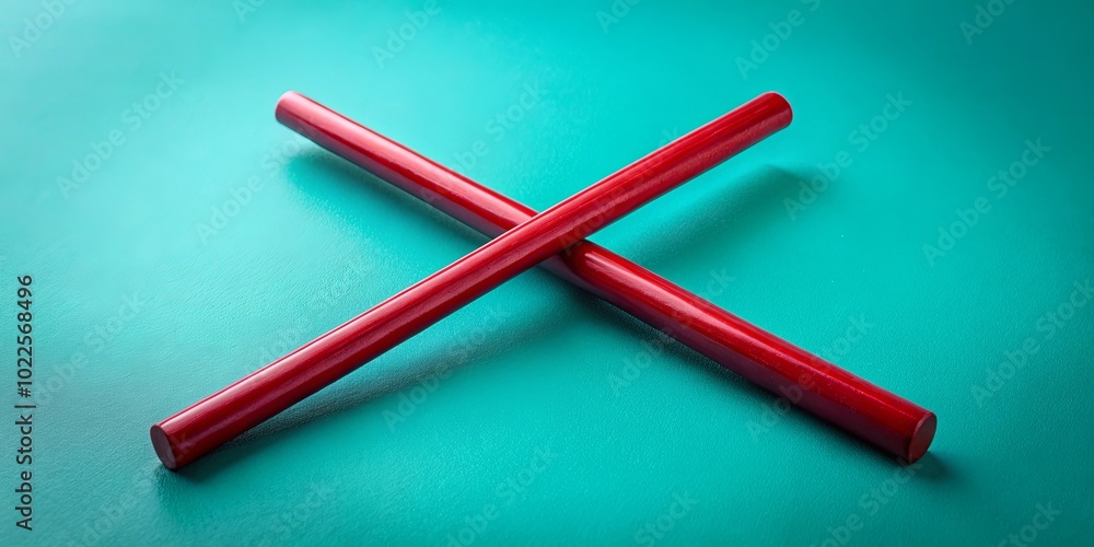 A pair of crimson colored wooden rods intersect on a teal surface, creating a minimalist abstract image with a sense of balance and symmetry. A pair of crimson colored wooden rods intersect on a teal surface, creating a minimalist abstract image with a sense of balance and symmetry.