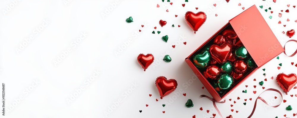 Open gift box full of decorative festive object with Christmas red Heart balloons and ribbons,Valentine's Day,Holiday banner,web poster, flyer, stylish brochure, greeting card,sale online,xmas day. Open gift box full of decorative festive object with Christmas red Heart balloons and ribbons,Valentine's Day,Holiday banner,web poster, flyer, stylish brochure, greeting card,sale online,xmas day.