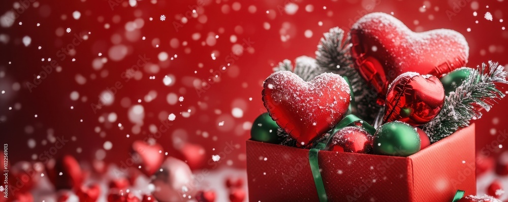 Open gift box full of decorative festive object with Christmas red Heart balloons and ribbons,Valentine's Day,Holiday banner,web poster, flyer, stylish brochure, greeting card,sale online,xmas day. Open gift box full of decorative festive object with Christmas red Heart balloons and ribbons,Valentine's Day,Holiday banner,web poster, flyer, stylish brochure, greeting card,sale online,xmas day.
