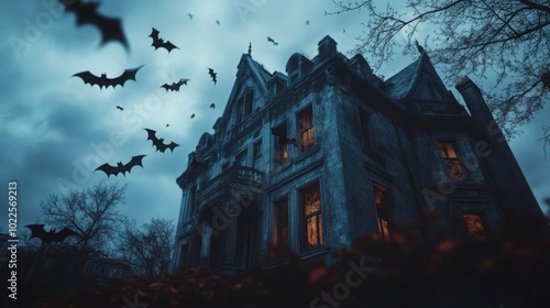 A side perspective of an old, spooky mansion with bats flying in the night sky.