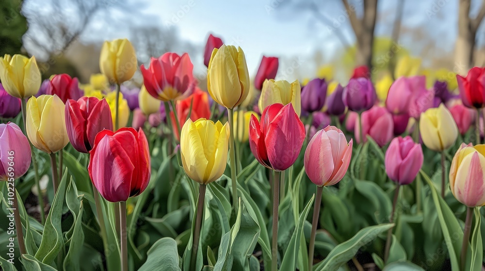A field of colorful tulips in bloom with green leaves and a blurry background. A field of colorful tulips in bloom with green leaves and a blurry background.