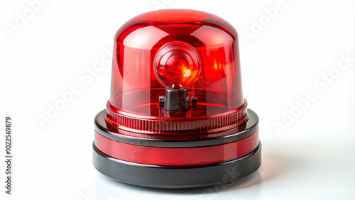 Bright red color, glossy surface, rotating or flashing light mechanism, mounted on a base, and possibly a reflective lens that enhances visibility