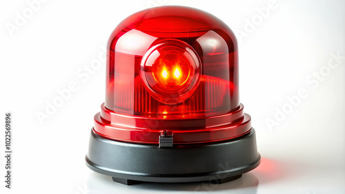 Bright red color, glossy surface, rotating or flashing light mechanism, mounted on a base, and possibly a reflective lens that enhances visibility