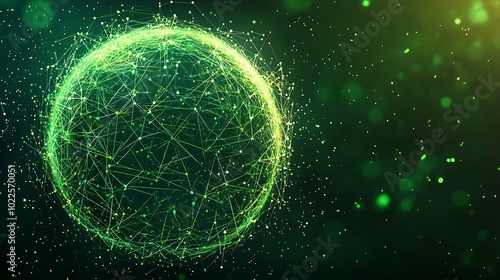 Digital green sphere as a node shaped earth planet in green color hues, abstract technological illustration wallpaper