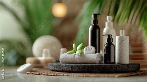 Spa Accessory Arrangement in Luxurious Wellness Retreat, Elegantly displayed products in serene spa environment, prepared for professional massage therapy experience.