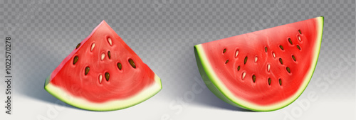 Isolated summer red watermelon slice vector icon. 3d realistic water melon drawing illustration design. Juicy and bright pink texture of tropical food. Sweet and ripe vitamin berry harvest graphic set
