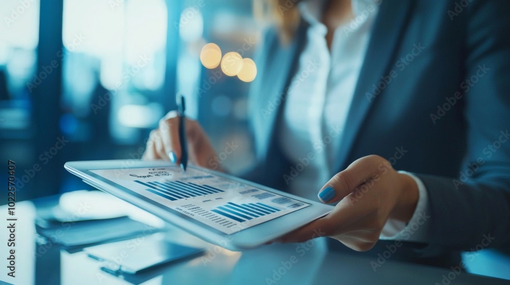A businesswoman using a tablet while discussing strategy with her team A businesswoman using a tablet while discussing strategy with her team