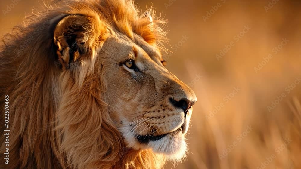 Majestic Lion in Golden Savanna at Sunset, Close-Up Portrait of a Wild African Lion with Golden Mane Majestic Lion in Golden Savanna at Sunset, Close-Up Portrait of a Wild African Lion with Golden Mane
