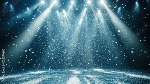 A stage illuminated by bright lights with falling snowflakes, creating a magical atmosphere.