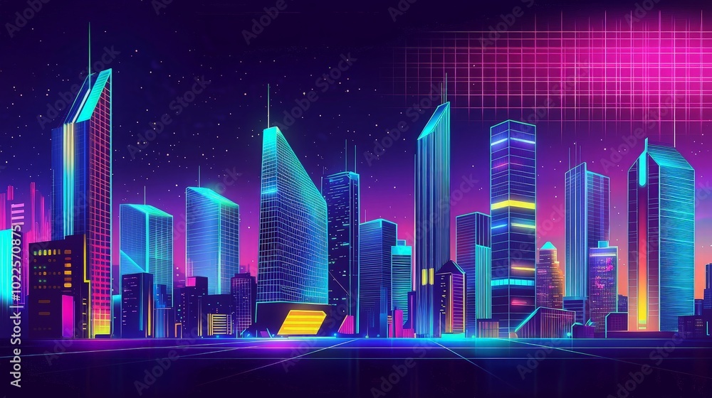 A futuristic city skyline with neon lights and a grid pattern in the background. A futuristic city skyline with neon lights and a grid pattern in the background.