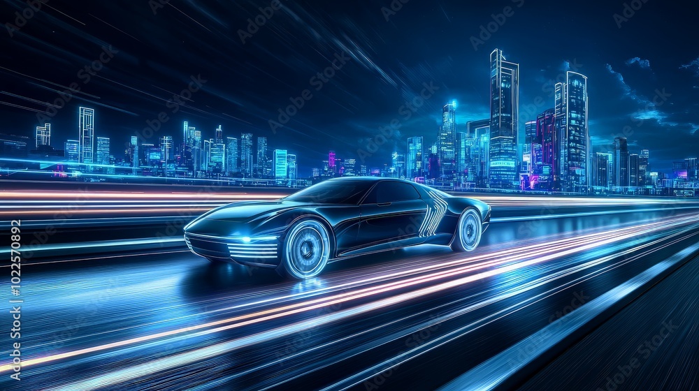 A futuristic car speeding through a city at night, with neon lights streaking behind it. A futuristic car speeding through a city at night, with neon lights streaking behind it.